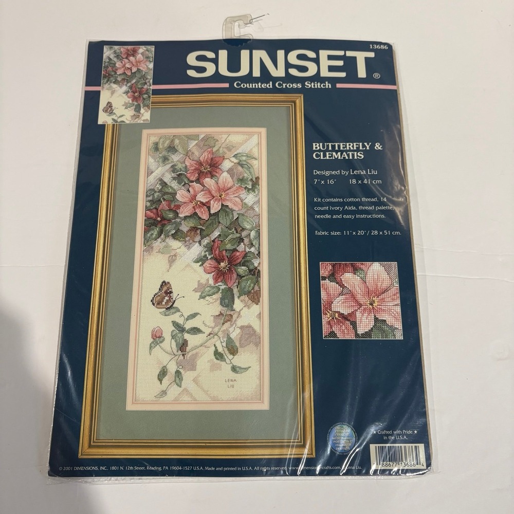 SUNSET Counted Cross Stitch Kit Floral Butterfly & Clematis